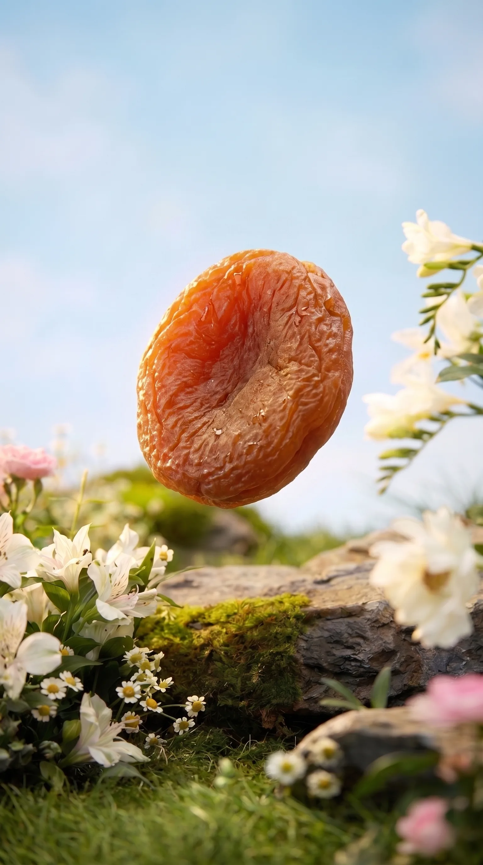 Dried apricot above a mossy branch